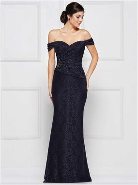 Rina di Montella Rhinestone Navy Lace Gown Sz 16 NWT